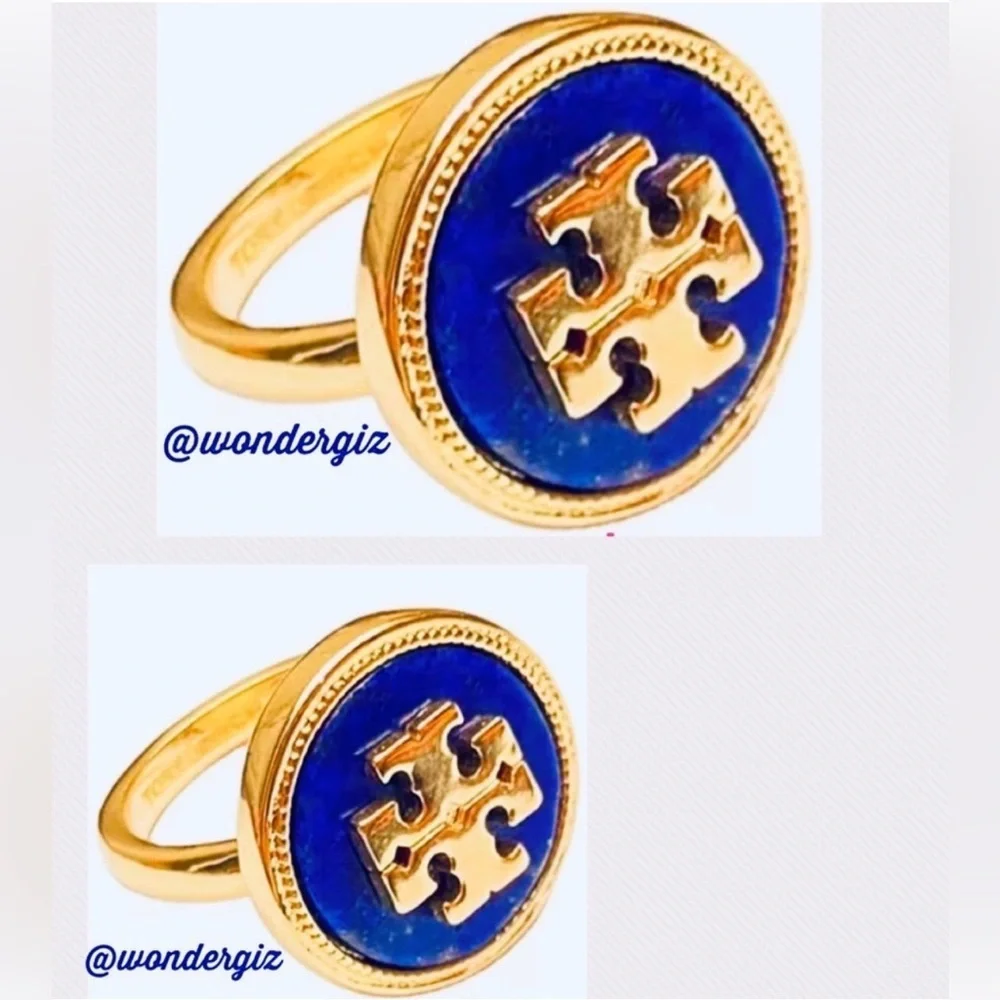 🆕 Tory Burch Authentic Gold And Blue Lapis Lazuli Round With Logo Ring Size 7